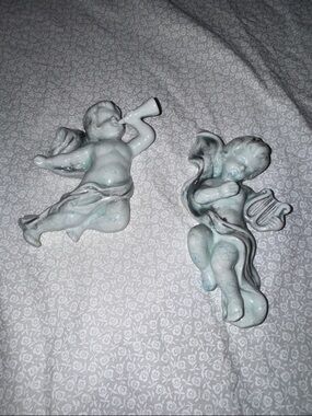 cherub or angel wall hanging likely of porcelain set of 2 vintage white and blue